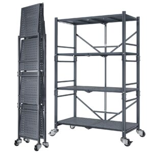 folding storage shelves metal garage shelving - 4 tier heavy duty foldable shelf with wheels, grey