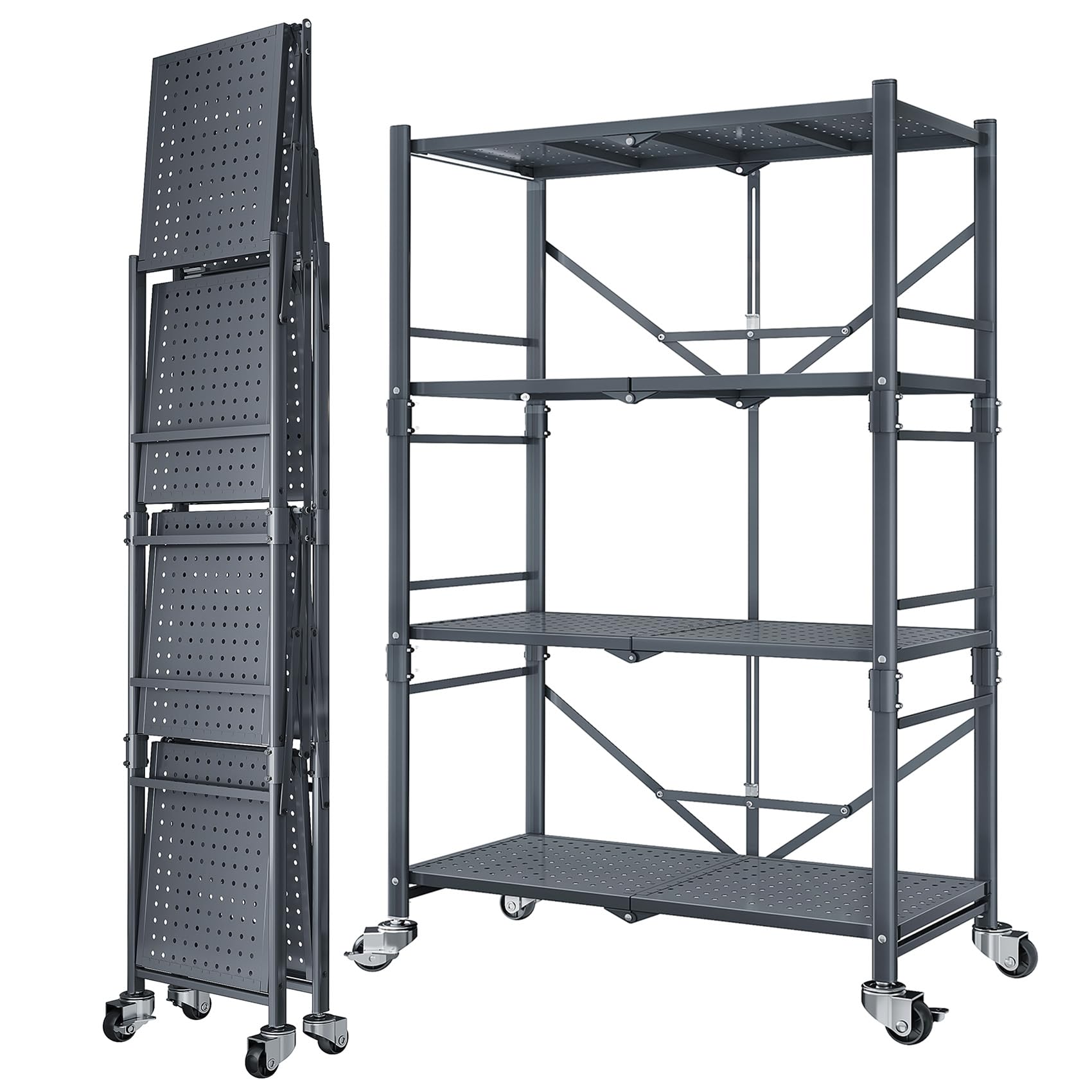 Folding Storage Shelves Metal Garage Shelving - 4 Tier Heavy Duty Foldable Shelf with Wheels, Grey