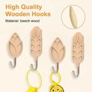 MOROBOR 6Pcs Adhesive Hooks for Hanging, Self Adhesive Sticky Hooks Wooden Wall Adhesive Hooks Cute Wall Hangers for Bathroom Bedroom Home