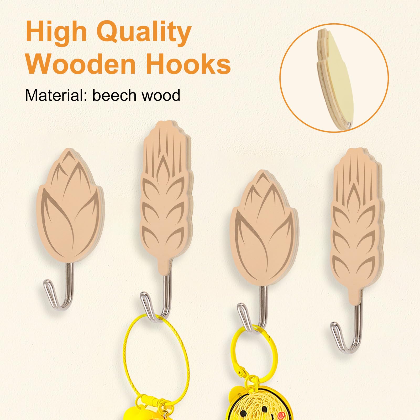 MOROBOR 6Pcs Adhesive Hooks for Hanging, Self Adhesive Sticky Hooks Wooden Wall Adhesive Hooks Cute Wall Hangers for Bathroom Bedroom Home