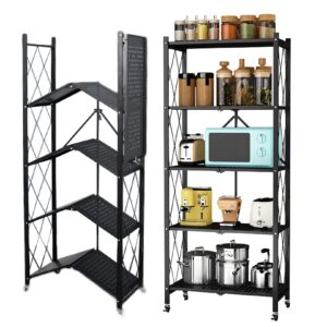 brightshow 5 tier storage shelves unit, foldable garage shelving metal wire shelf rack, no assembly baker rack organizer microwave stand for kitchen, basement, pantry, laundry room (5 tire shelf)