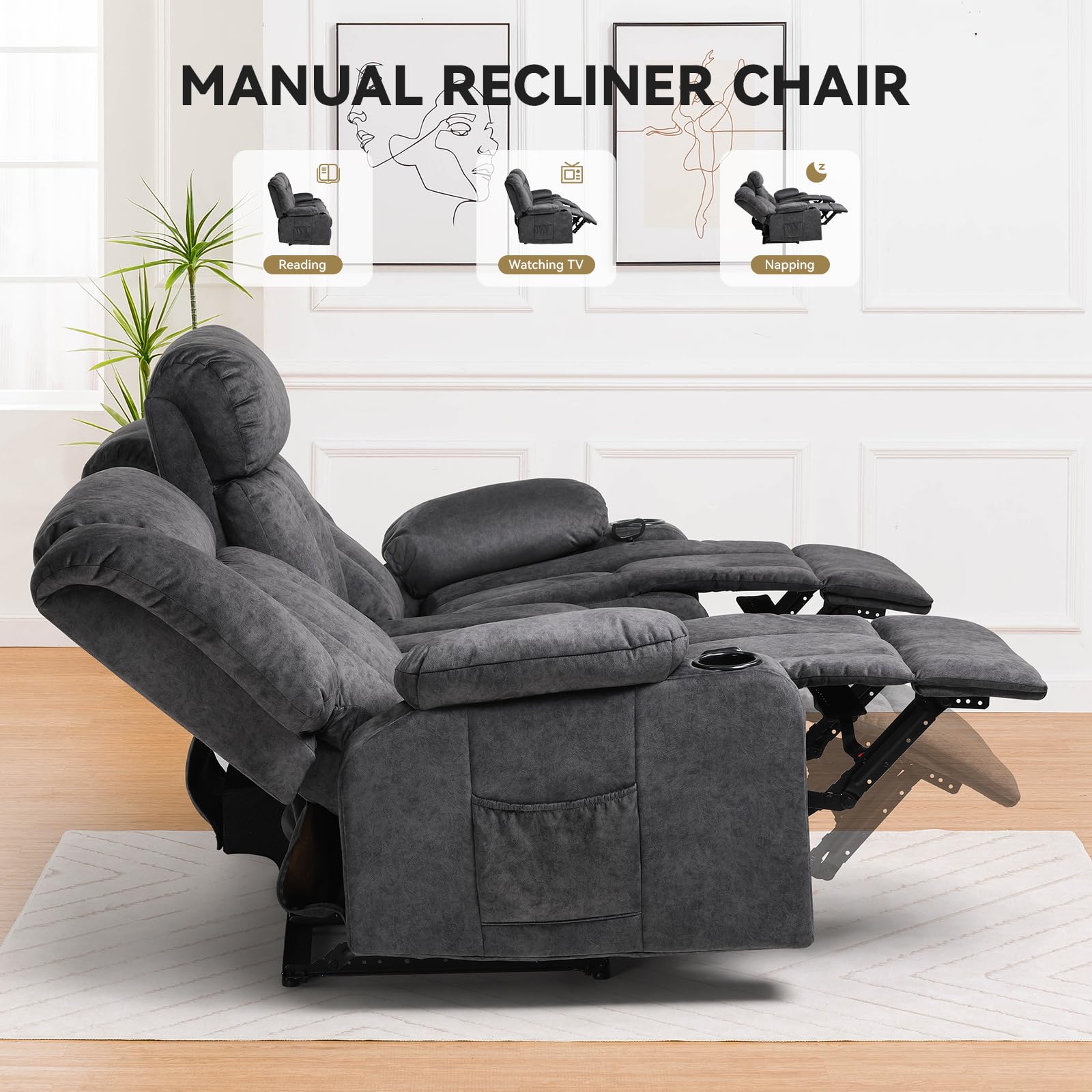 COMHOMA Manual Recliner Chair Set，Fabric Reclining Sofa Chair with Cup Holders, Upholstered Recliner with Side Pockets Suitable for Living Room Furniture (3+2+1)