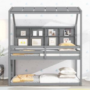 Bellemave Twin Size House Bunk Bed with Bookshelves for Kids,Twin Over Twin Floor Bunk Beds with Semi-Enclosed Roof,Solid Wood Twin Size Low Bunk Bed for Girls Boys,Gray