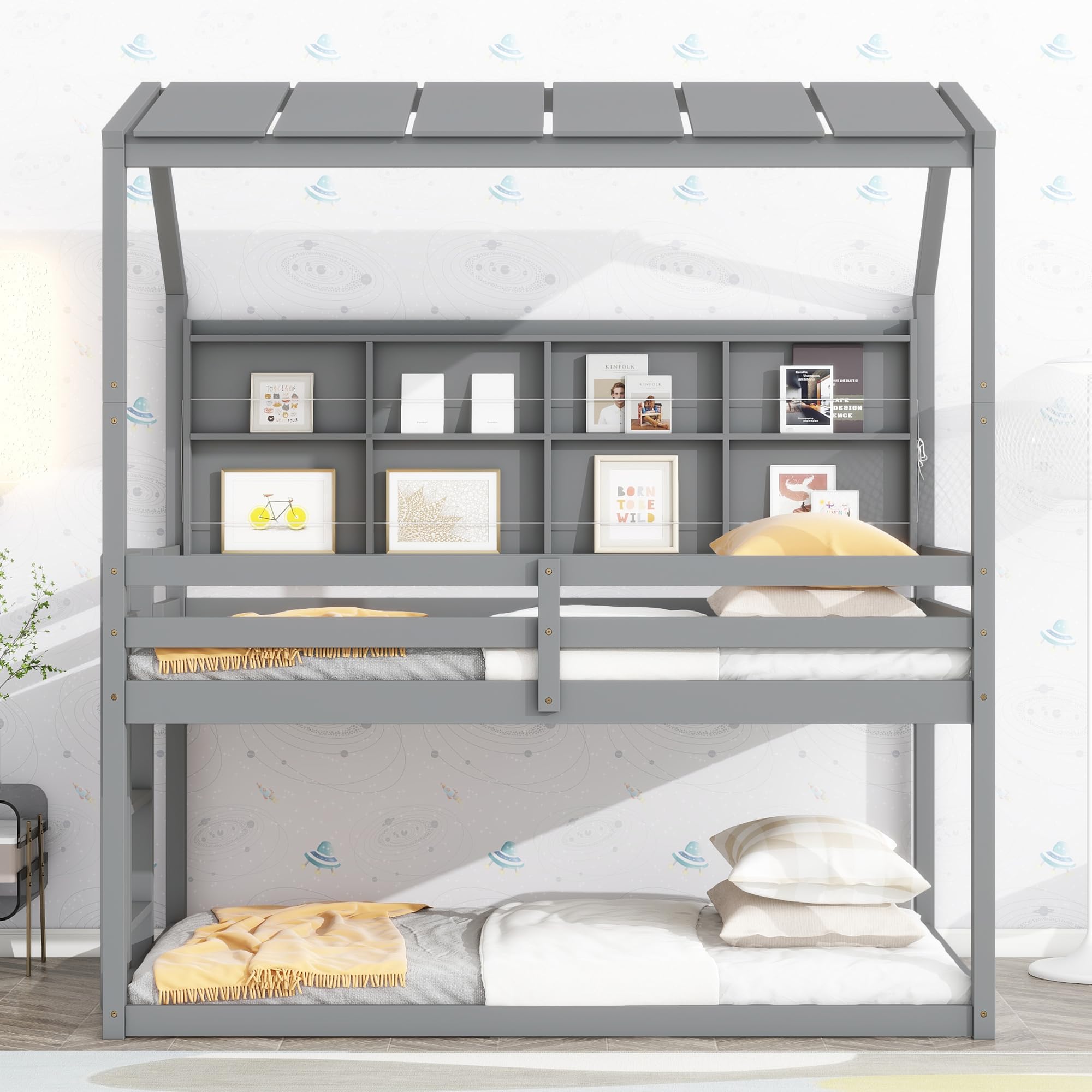 Bellemave Twin Size House Bunk Bed with Bookshelves for Kids,Twin Over Twin Floor Bunk Beds with Semi-Enclosed Roof,Solid Wood Twin Size Low Bunk Bed for Girls Boys,Gray