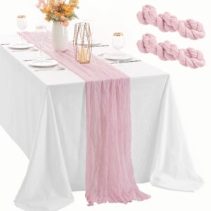 leetaltree 2 pack pink cheesecloth table runner, 35x120 inch boho rustic cheese cloth table runner, decorative table runners for bridal baby shower decorations or wedding table decorations