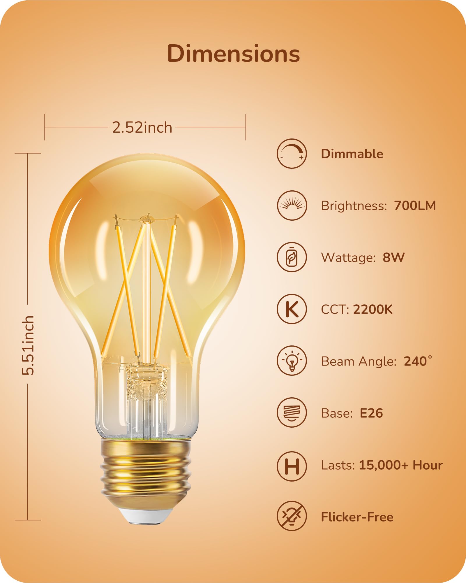 EDISHINE Vintage LED Edison Bulbs 8W, 60W Equivalent, 2200K Amber Warm Light, ST58 Antique Edison Light Bulb with 80+ CRI, A19 Dimmable Light Bulbs, 700LM, E26 Medium Base, 6 Pack