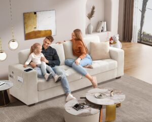 worthfurni 89 inch sofa couch, modern 3 seater couch with removable covers and usb ports, large chenille comfy sofa for living room, oversized loveseat sofa for apartment (beige)