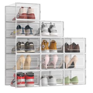 kjfeoiye 12 pack xx large clear stackable shoe storage boxes organizer for closet, modular & portable plastic shoe sneaker containers display case bin, versatile closet organizers and storage, white