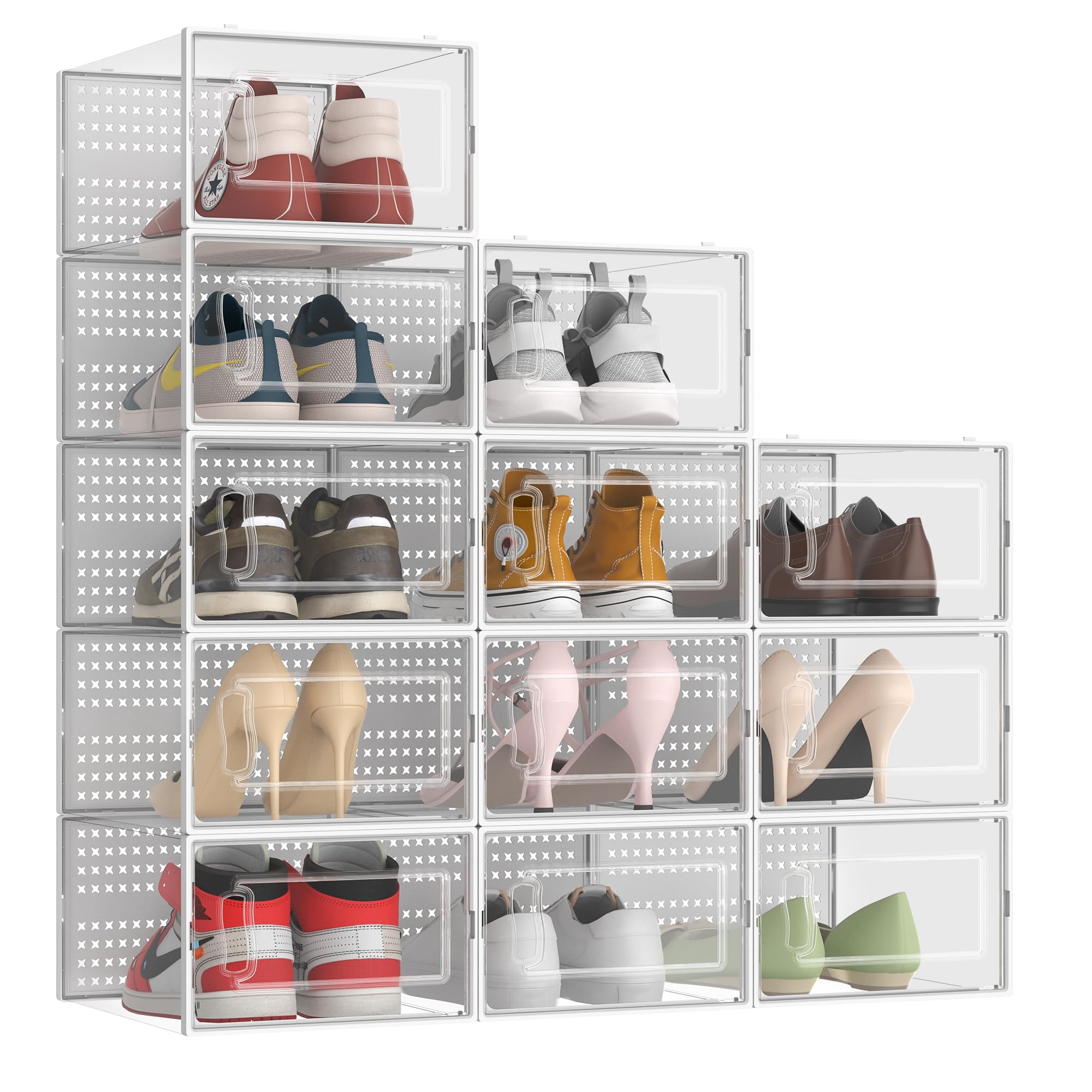 Kjfeoiye 12 Pack XX Large Clear Stackable Shoe Storage Boxes Organizer for Closet, Modular & Portable Plastic Shoe Sneaker Containers Display Case Bin, Versatile Closet Organizers and Storage, White