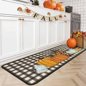 OUXIOAZ Buffalo Plaid Fall Pumpkin Decorative Kitchen Rugs Set of 2, Non Slip Absorbent Autumn Thanksgiving Pumpkin Kitchen Rugs and Mats Sets 17"x47"+17"x30"