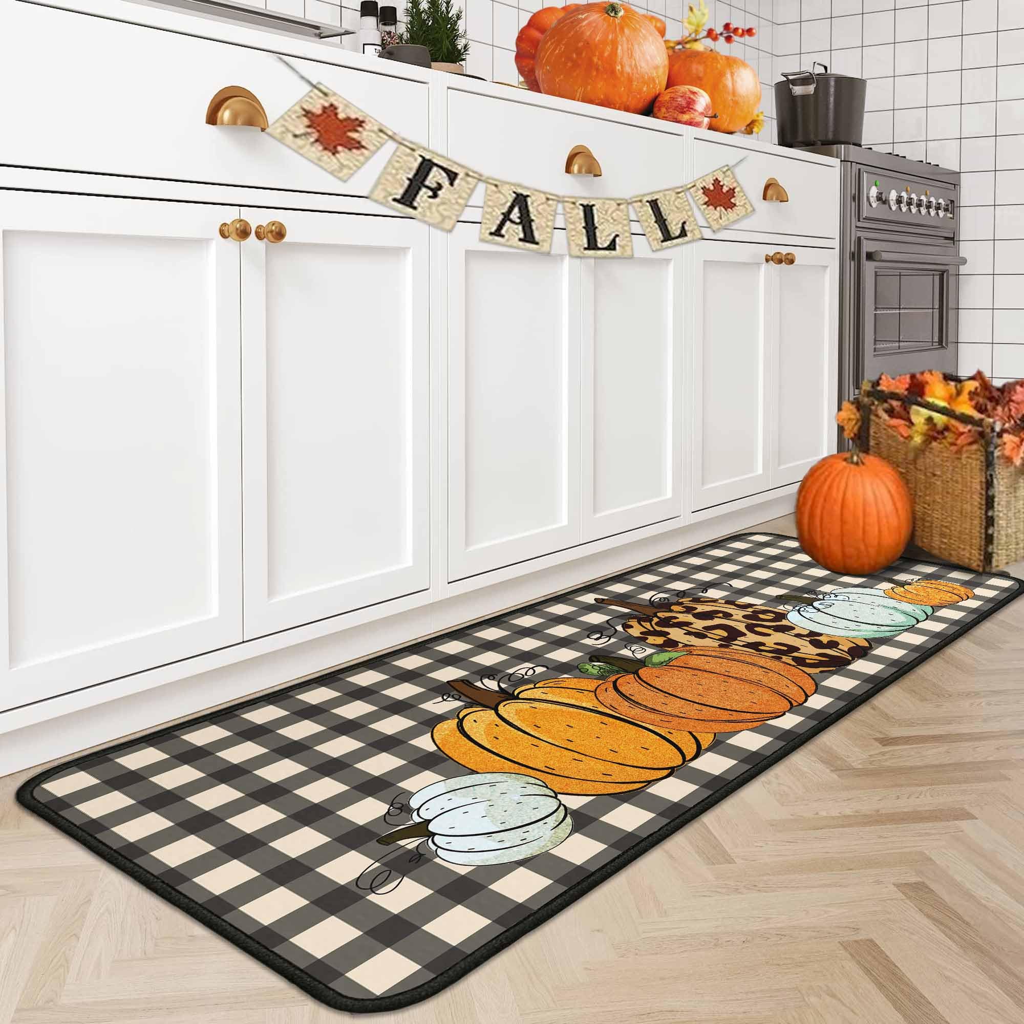 OUXIOAZ Buffalo Plaid Fall Pumpkin Decorative Kitchen Rugs Set of 2, Non Slip Absorbent Autumn Thanksgiving Pumpkin Kitchen Rugs and Mats Sets 17"x47"+17"x30"