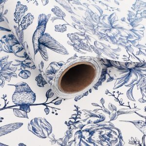 1 roll blue floral bird wrapping paper mini roll 17in x 32.8ft blue white flowers bird pattern gift wrap paper vantege floral paper for birthday wedding baby shower party wrapping supplies