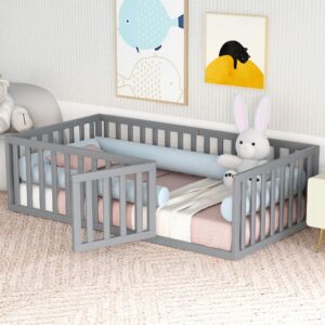 bellemave twin size floor bed with fence and door, kids montessori floor bed without slats, cute montessori bed for kids, girls, boys, wodd floor bed(gray twin)