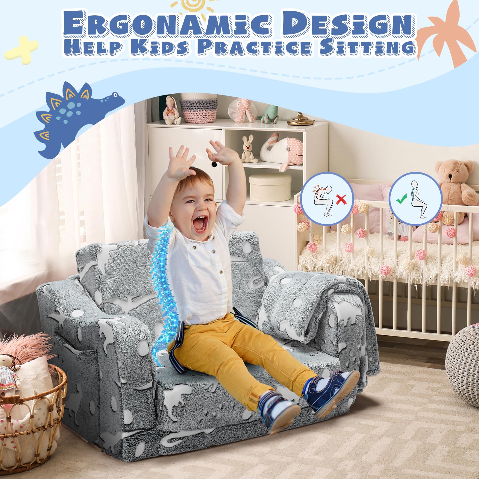 BUPPLEE 2-in-1 Toddler Chairs Comfy, Toddler Couches That Fold Out,Glow in The Dark, Extra Wide Kids Chairs for Toddler, Baby Couch for 1-3 Year Old, Gifts for Girls & Boys, Gray