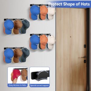 KIMBORA 4 Packs Hat Rack for Wall, Hat Organizer for Baseball Caps Holds 36 Hats, 3 Mounting Options Hat Hook Hanger, Strong Baseball Hat Holder Storage, Hat Display for Door, Room, Closet (Black)