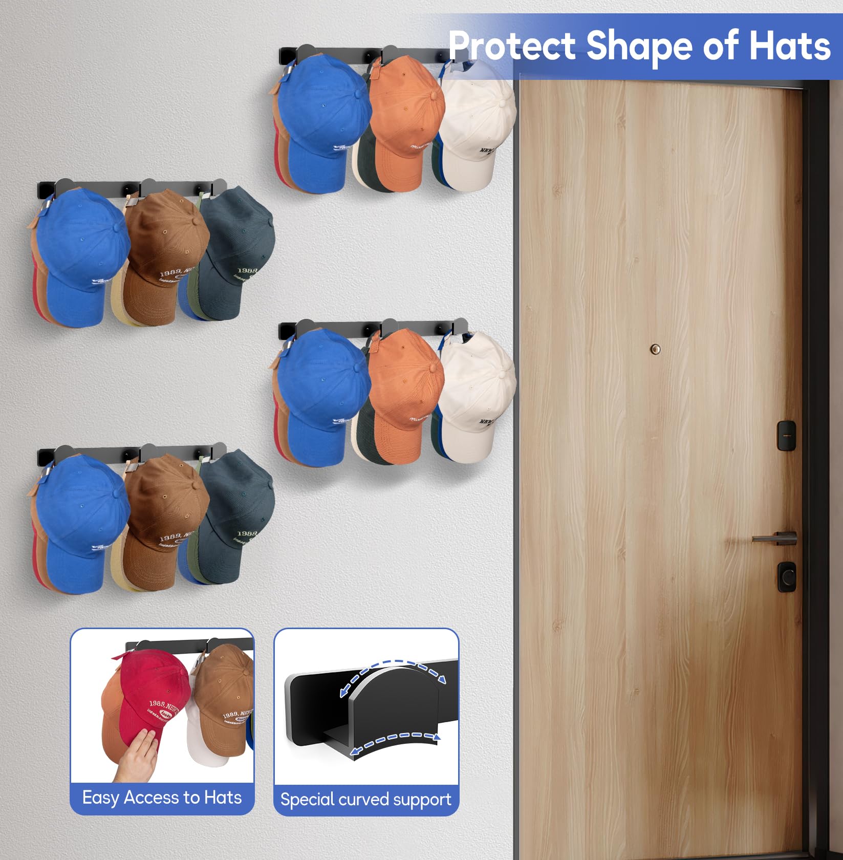 KIMBORA 4 Packs Hat Rack for Wall, Hat Organizer for Baseball Caps Holds 36 Hats, 3 Mounting Options Hat Hook Hanger, Strong Baseball Hat Holder Storage, Hat Display for Door, Room, Closet (Black)