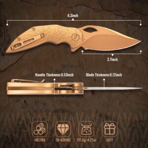 MOLSECT Latefall Pocket Folding Knife, Liner Lock EDC Knives with 2.7" K110 Blade, Ergonomic Handle, and Artistic Gold Finish