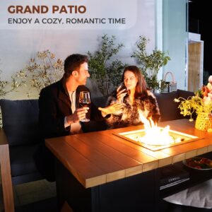 Grand patio 4-Piece Outdoor Furniture Set with Gas Fire Pit Table, Aluminum Patio Sofa Set for 8 with Faux Wood Grain Finish, Modern Patio Couch Sofa with Outdoor Bench and Chaise for Backyard