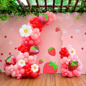 Yeewaka Strawberry balloon garland arch kit 130pcs Red Pink with Strawberry and Daisy mylar balloon for girl baby shower berryfirst 1st birthday Two sweet groovy theme Birthday decorations