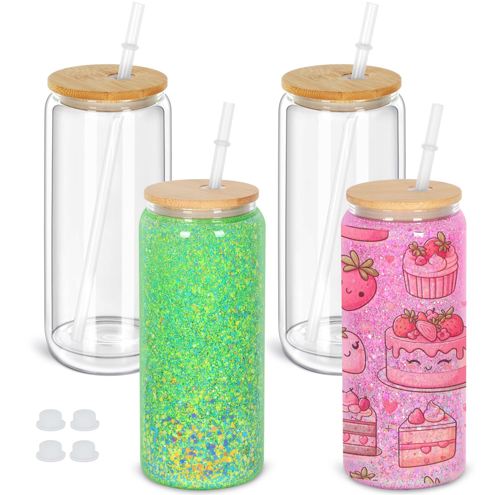 Maucircol 20 Oz Snow Globe Tumbler, 4 Pack Pre-Drilled Sublimation Glass Cup For Glitter Snow Globe Diy, Double Wall Sublimation Glass Tumbler