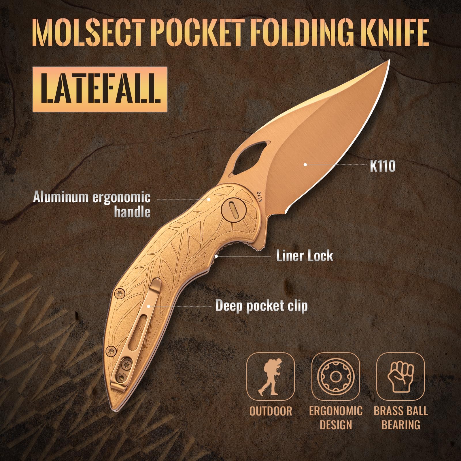 MOLSECT Latefall Pocket Folding Knife, Liner Lock EDC Knives with 2.7" K110 Blade, Ergonomic Handle, and Artistic Gold Finish