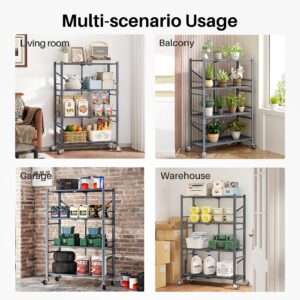 Folding Storage Shelves Metal Garage Shelving - 4 Tier Heavy Duty Foldable Shelf with Wheels, Grey