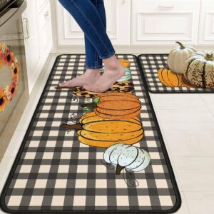 ouxioaz buffalo plaid fall pumpkin decorative kitchen rugs set of 2, non slip absorbent autumn thanksgiving pumpkin kitchen rugs and mats sets 17"x47"+17"x30"