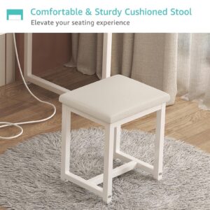 KAI-ROAD White Makeup Vanity Desk with Chair no Mirror, Small Vanity Table with Fabric Drawers, Power Outlet & Stool Without Mirror, Modern Make Up Desk Set for Bedroom