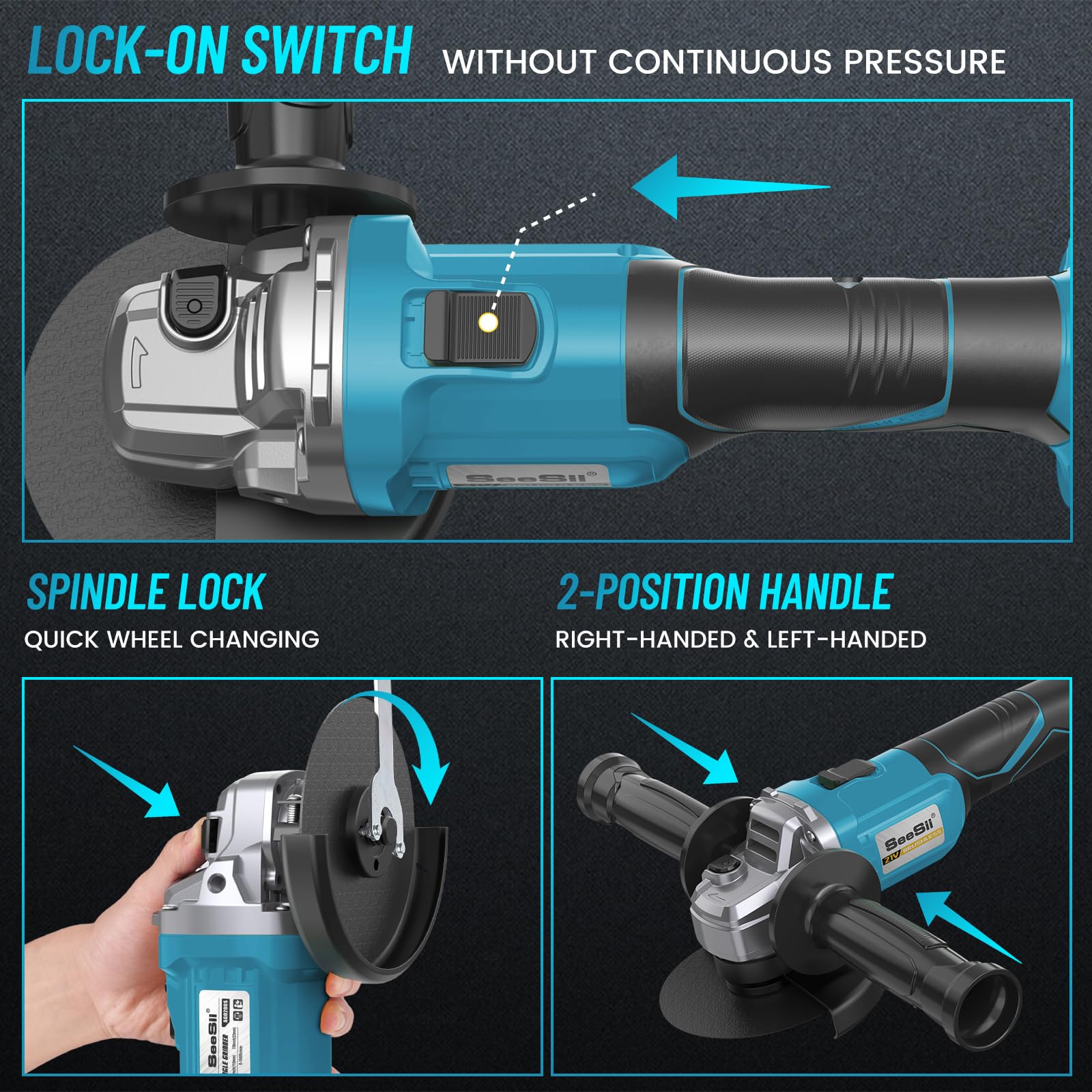 SEESII Cordless Angle Grinder Kit with 2x4.0Ah Batteries, 10000RPM Brushless Electric Metal Grinder w/ 4-1/2" Cutting Wheel, Flap Wheel, and Wool Carving Wheel for Precision Cutting & Grinding