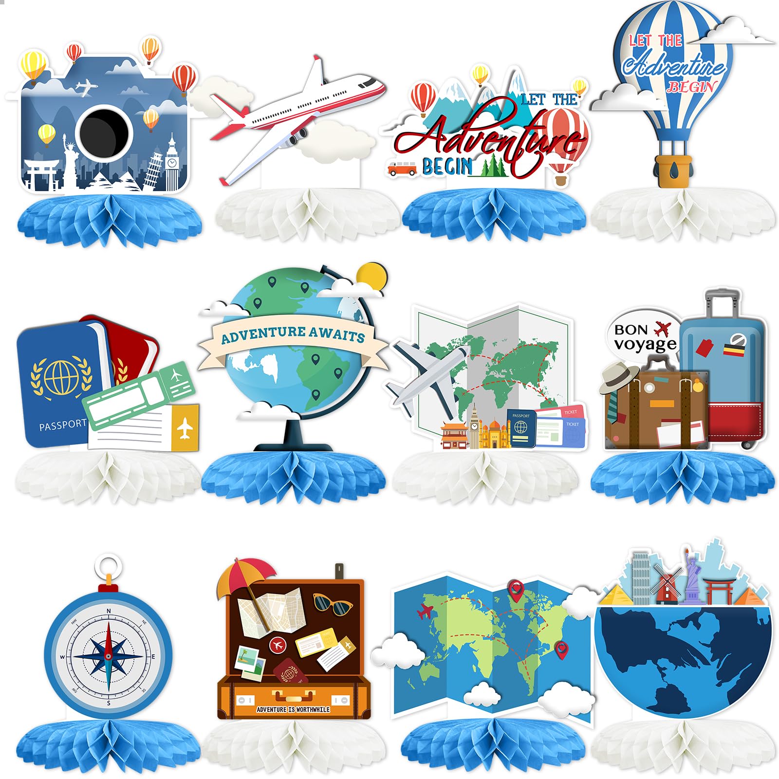 12PCS Travel Themed Party Decorations Travel Honeycomb Centerpieces Bon Voyage Party Decor Adventure Awaits Table Toppers for Baby Shower Retirement Birthday Party