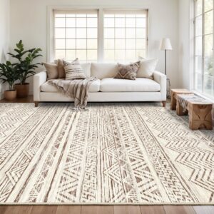 Moroccan 9x12 Washable Area Rug: Large Soft Farmhouse Washable Rugs for Living Room Bedroom Modern Machine Non-Slip Neutral Geometric Indoor Floor Carpet for Home Office