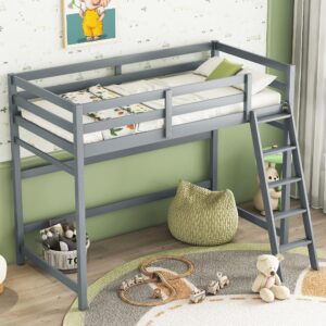 Bellemave Twin Size Loft Bed with Ladder, Wooden Loft Bed for Kids Teens, Loft Bed for Girls, Boys, Gray