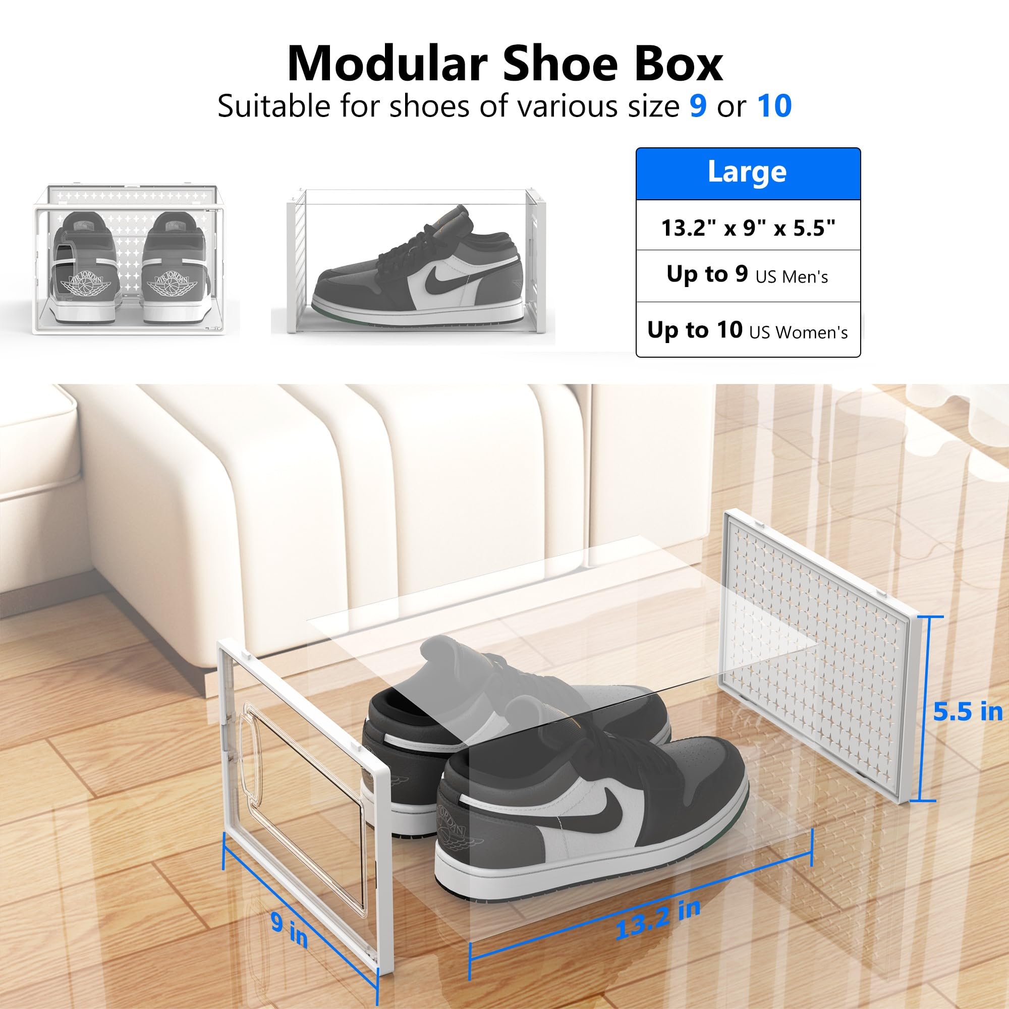 Fkprorjv 12 Pack Large Shoe Storage Box Organizer for Closet, Versatile Clear Plastic Stackable Sneaker Shoe Rack Containers Bins Holders, Portable Closet Organizers and Storage, White