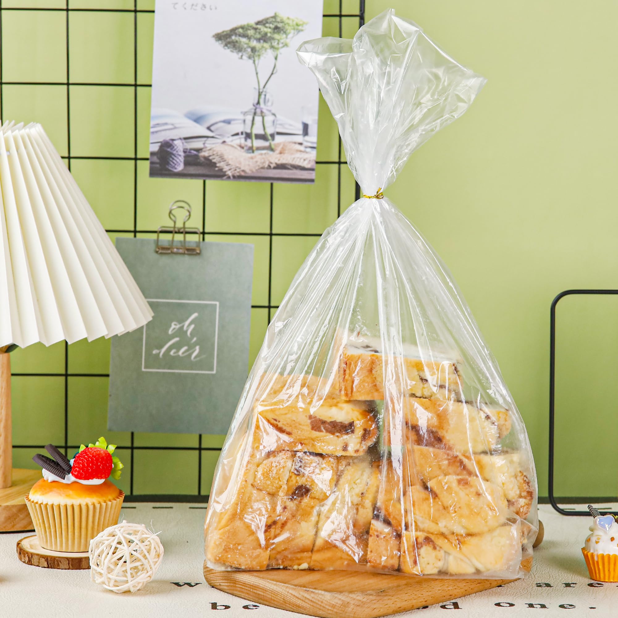 NPLUX Bread Bags for Homemade - Clear Cellophane Bags Plastic Treat Bags with Ties for Airtight Storage of Baked Goods（50PACK,8x8x14in)