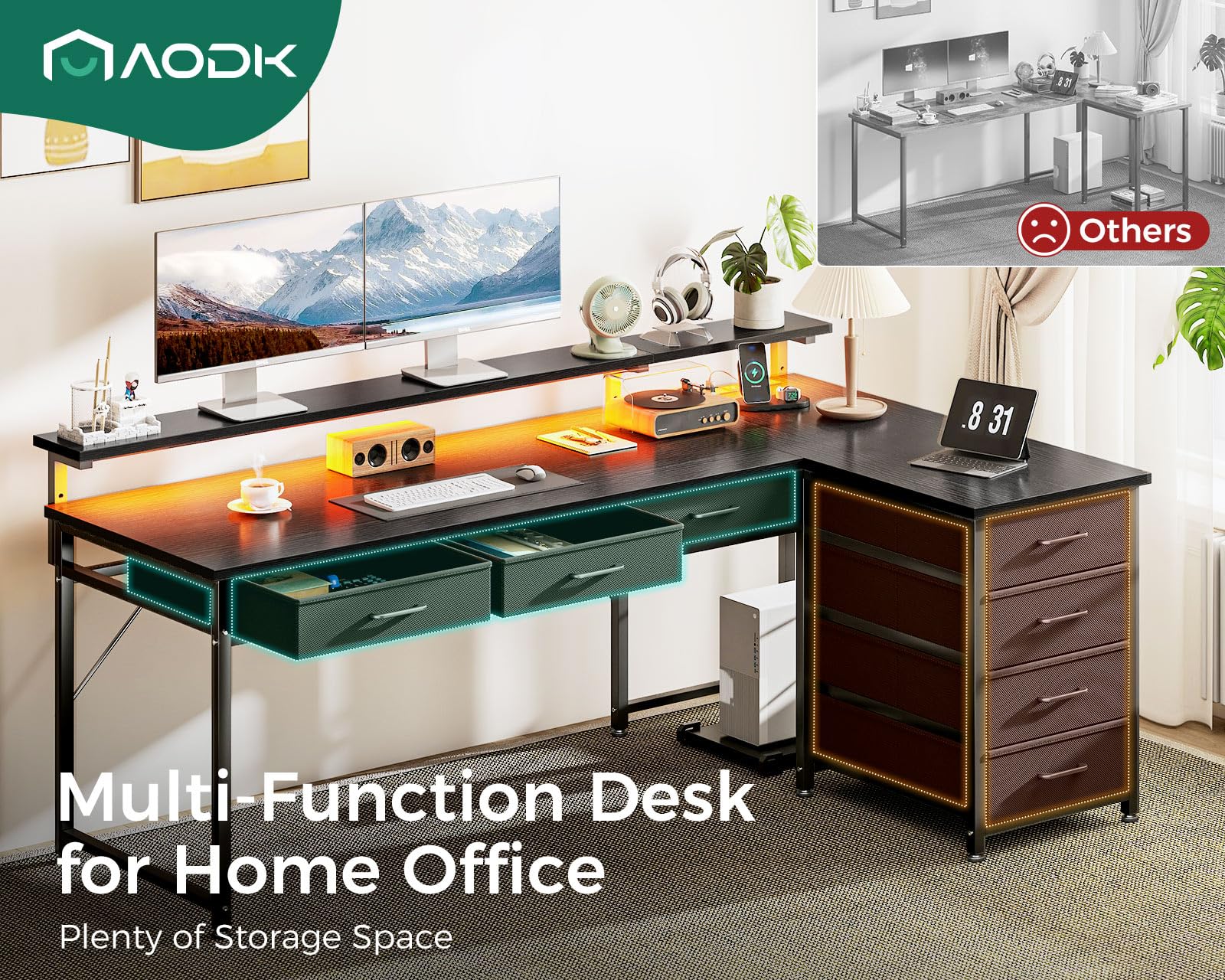 AODK 61" L Shaped Desk with 7 File Drawers, Gaming Desk with LED Light & Power Outlet, Reversible Home Office Desk with Monitor Shelf & Movable CPU Stand, Corner Computer Desk, Black