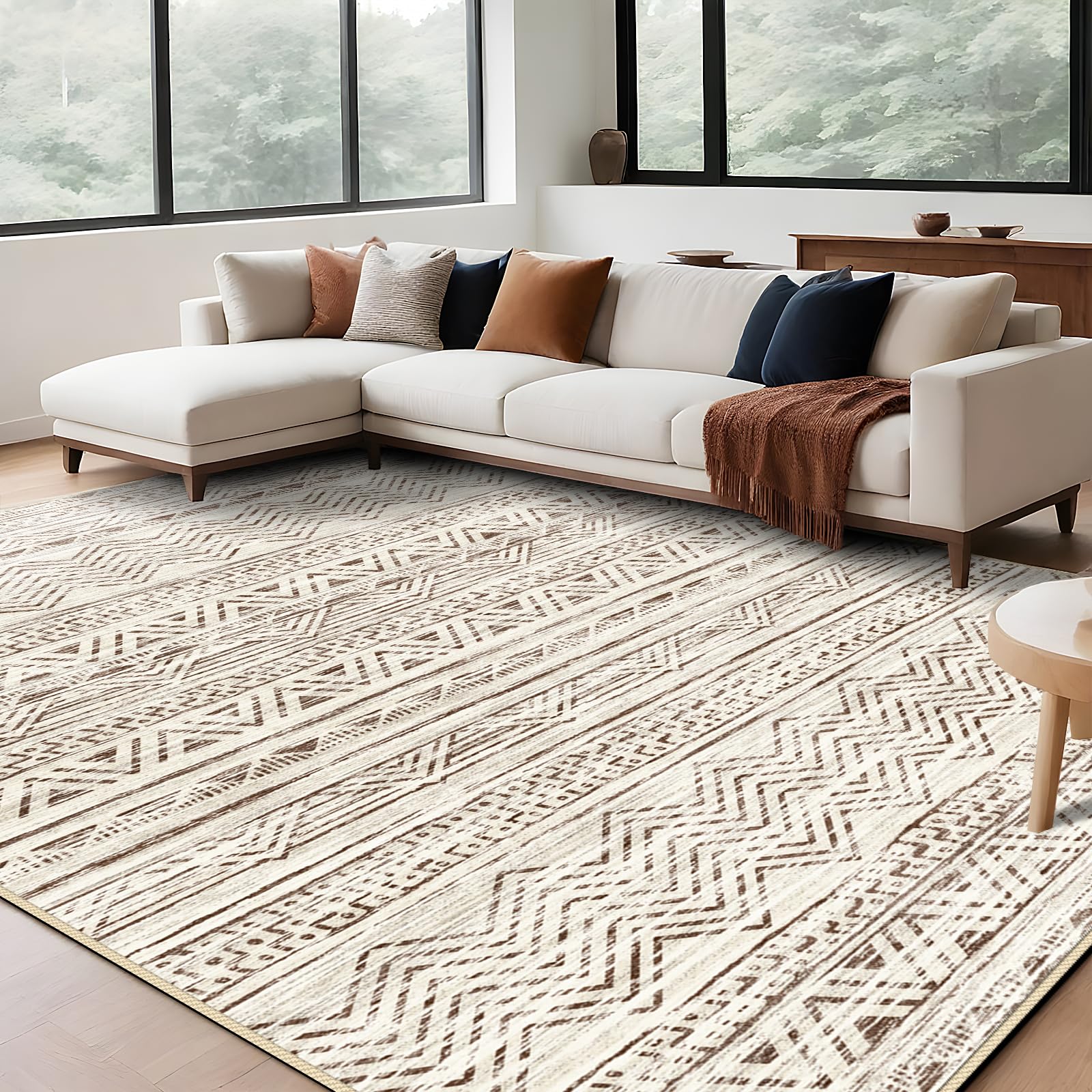 Moroccan 9x12 Washable Area Rug: Large Soft Farmhouse Washable Rugs for Living Room Bedroom Modern Machine Non-Slip Neutral Geometric Indoor Floor Carpet for Home Office