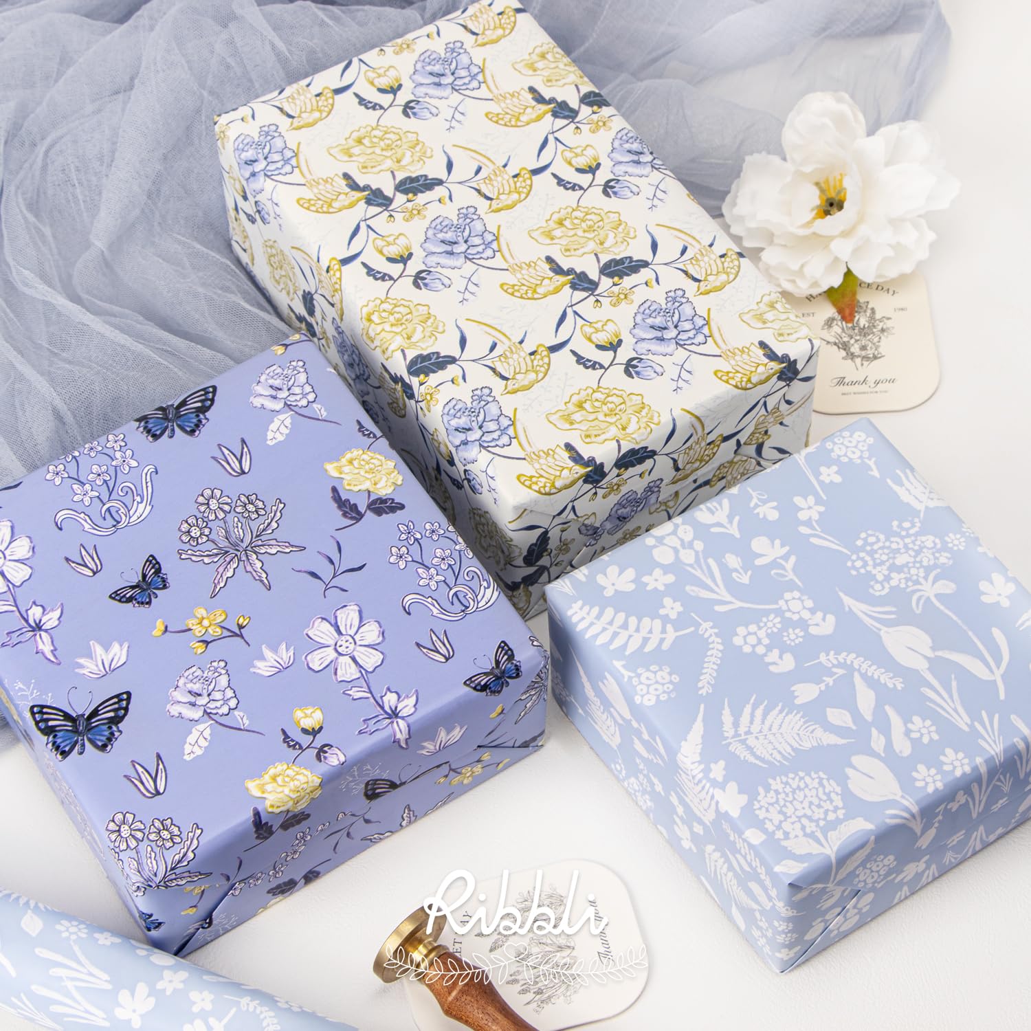 Ribbli Floral Wrapping Paper Mini Roll, 3 Rolls Dusty Blue Vintage Flower Gift Wrap for Women Girl Friend Wedding - 17 inch x 120 inch(10feet) Per Roll