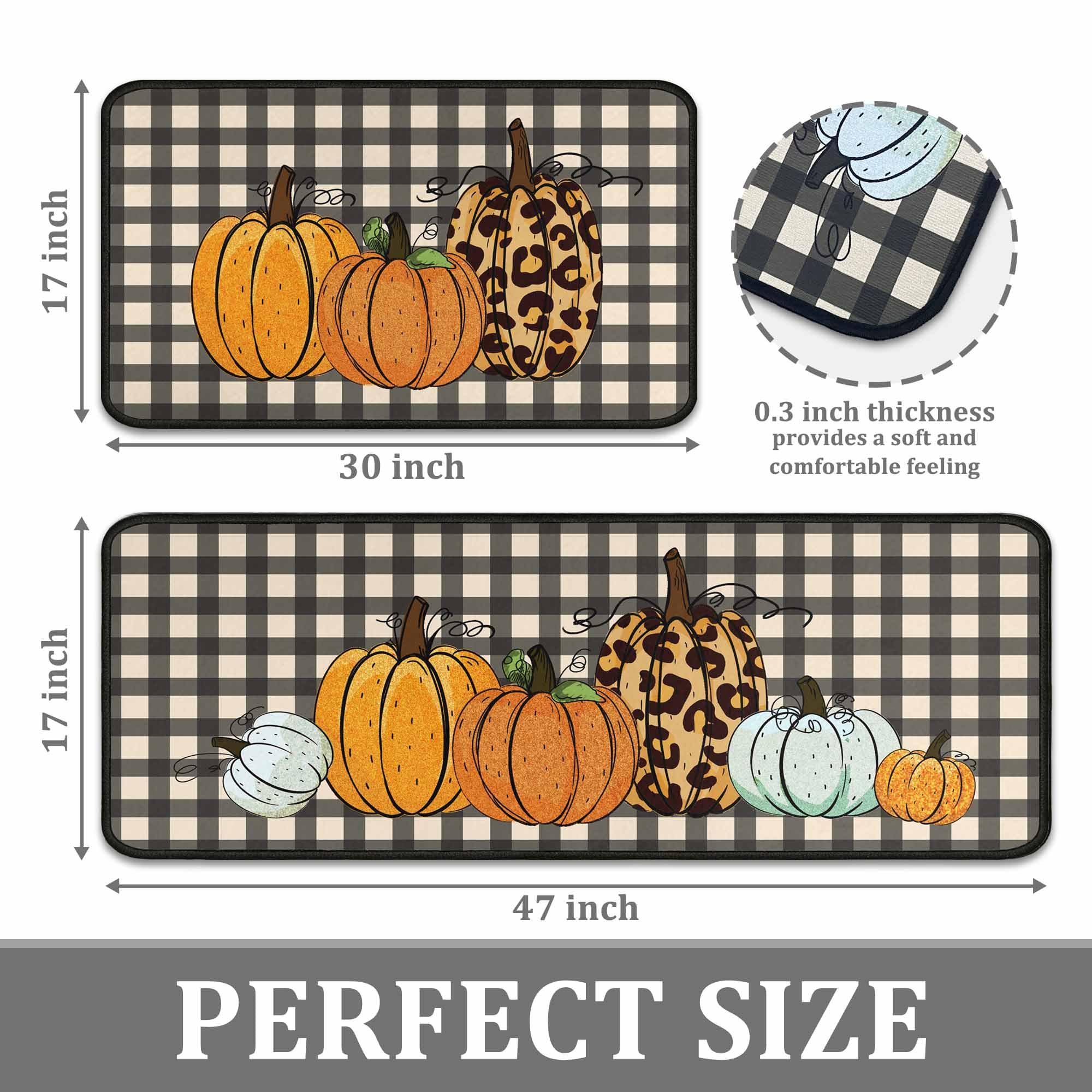 OUXIOAZ Buffalo Plaid Fall Pumpkin Decorative Kitchen Rugs Set of 2, Non Slip Absorbent Autumn Thanksgiving Pumpkin Kitchen Rugs and Mats Sets 17"x47"+17"x30"