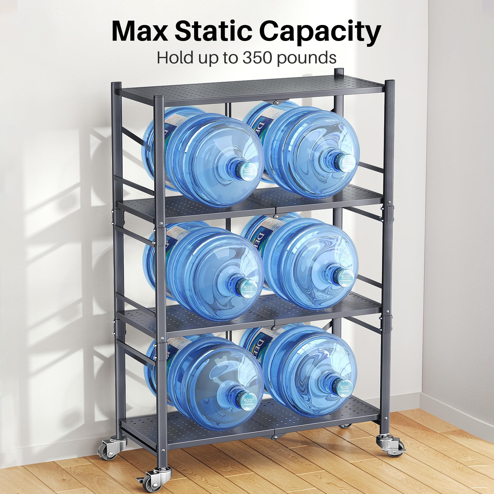 Folding Storage Shelves Metal Garage Shelving - 4 Tier Heavy Duty Foldable Shelf with Wheels, Grey