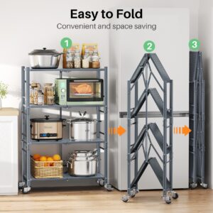 Folding Storage Shelves Metal Garage Shelving - 4 Tier Heavy Duty Foldable Shelf with Wheels, Grey