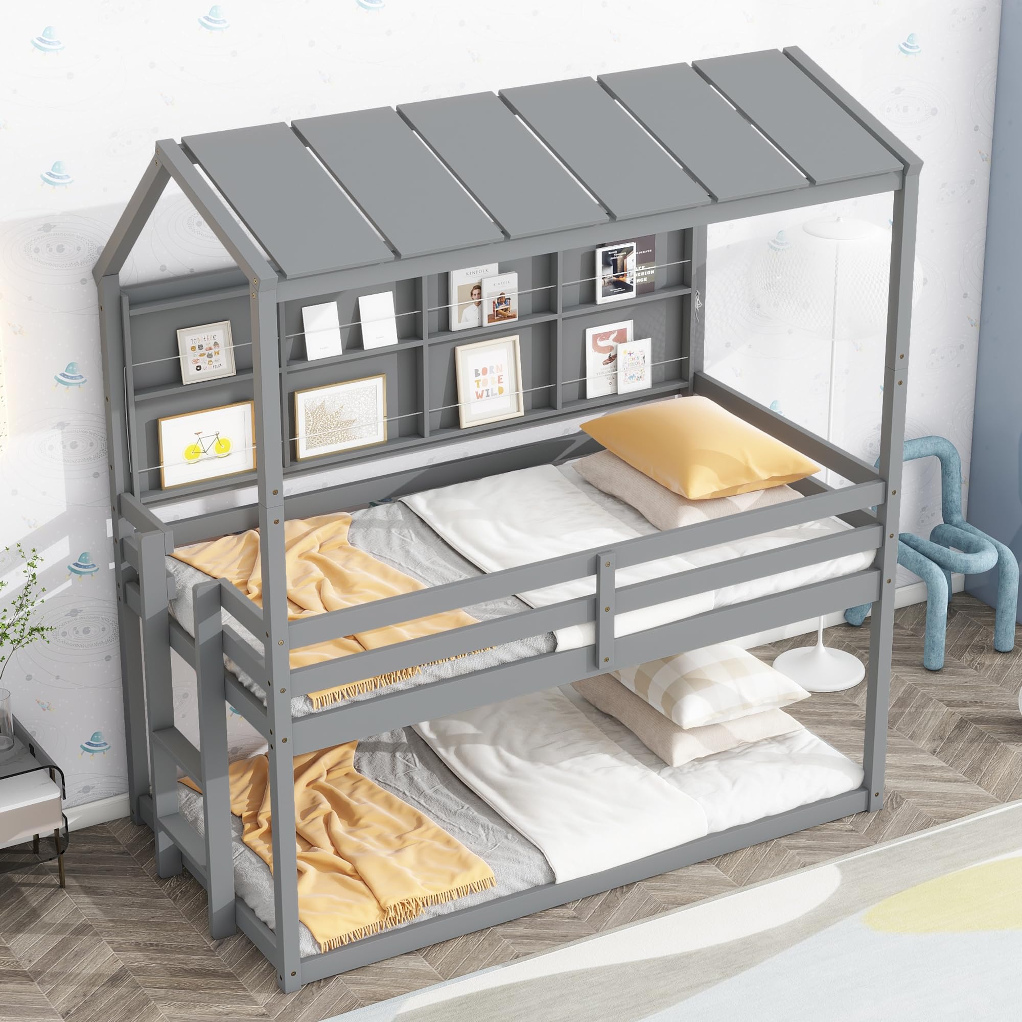 Bellemave Twin Size House Bunk Bed with Bookshelves for Kids,Twin Over Twin Floor Bunk Beds with Semi-Enclosed Roof,Solid Wood Twin Size Low Bunk Bed for Girls Boys,Gray