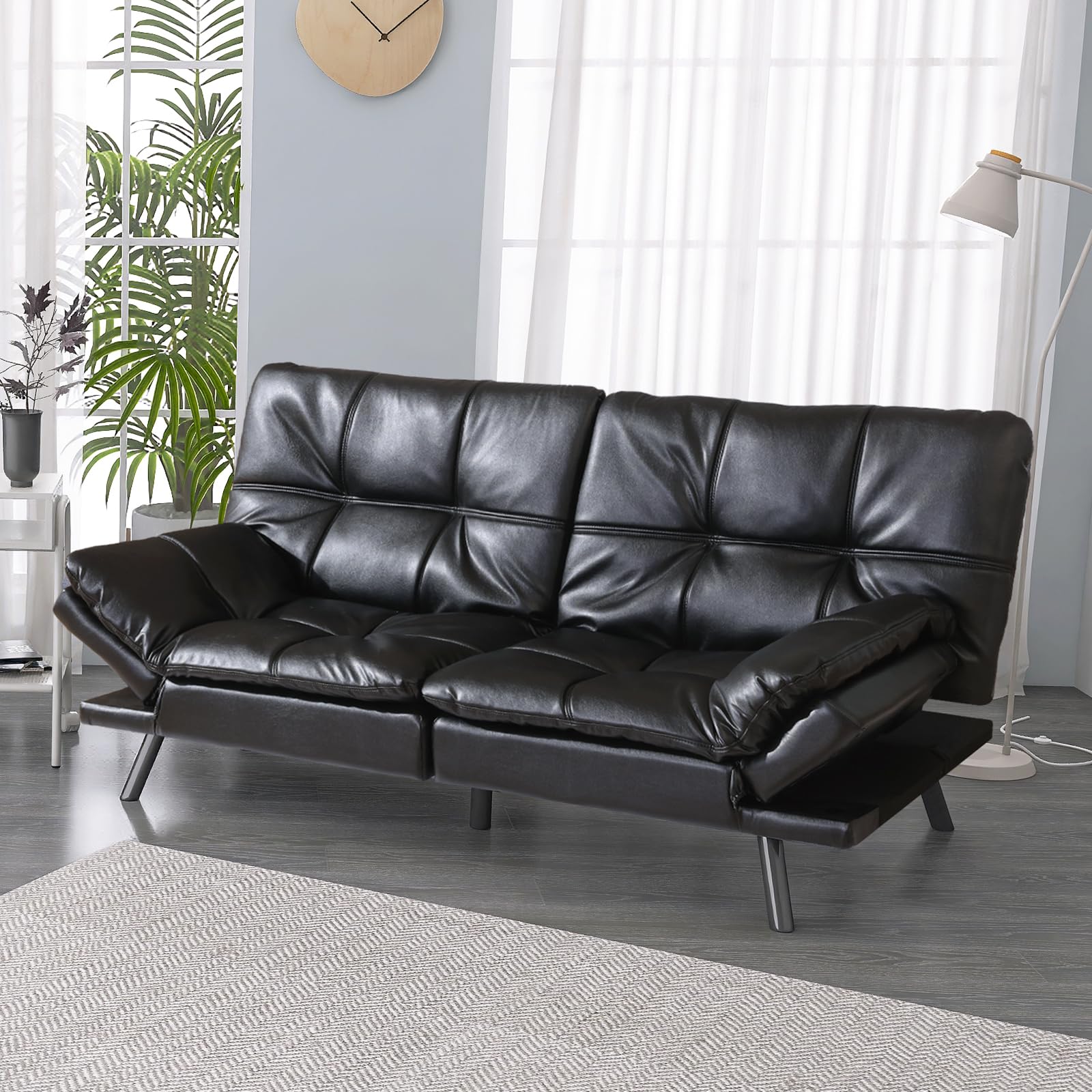 Hcore Convertible Couch, Memory Foam Futon Sleeper, Loveseat Sofa Bed Sofabed, Bright Black