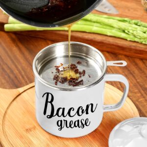 VITEVER 46OZ LARGE Bacon Grease Saver with Fine Mesh Strainer & Handle - Enamel Oil Keeper Container, Bacon Fat Dripping Can - Farmhouse Kitchen Gift & Decor Cooking Accessories - White, Style 3