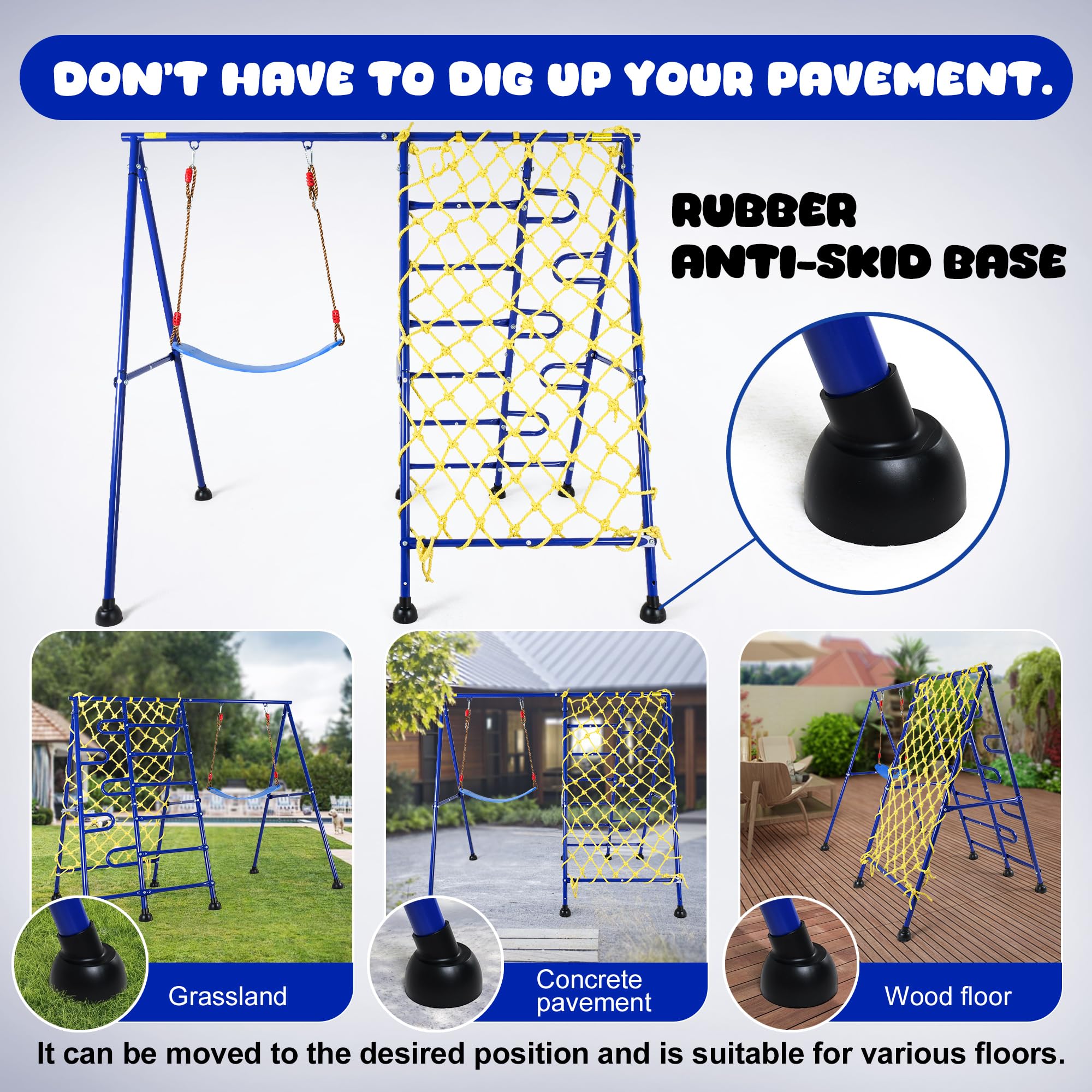 Leikefitness Swing Set for Backyard, Heavy Duty Metal Swing Rack for Indoor and Outdoor Activities, Frame Metal Blue Swing Set with 1 Swing Seat, Climbing Net, and 2 Ladders