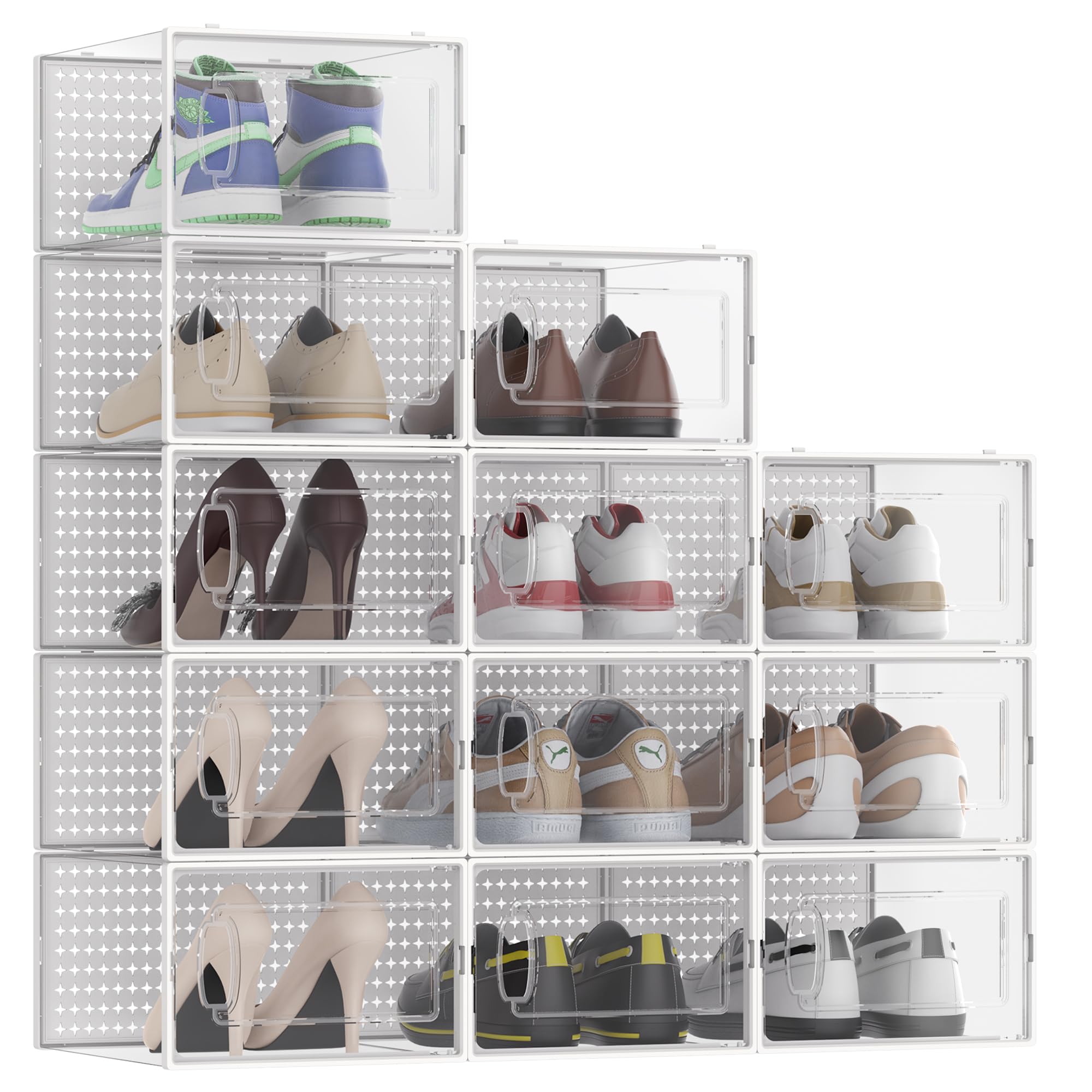 Fkprorjv 12 Pack Large Shoe Storage Box Organizer for Closet, Versatile Clear Plastic Stackable Sneaker Shoe Rack Containers Bins Holders, Portable Closet Organizers and Storage, White