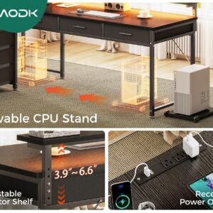 AODK 61" L Shaped Desk with 7 File Drawers, Gaming Desk with LED Light & Power Outlet, Reversible Home Office Desk with Monitor Shelf & Movable CPU Stand, Corner Computer Desk, Black