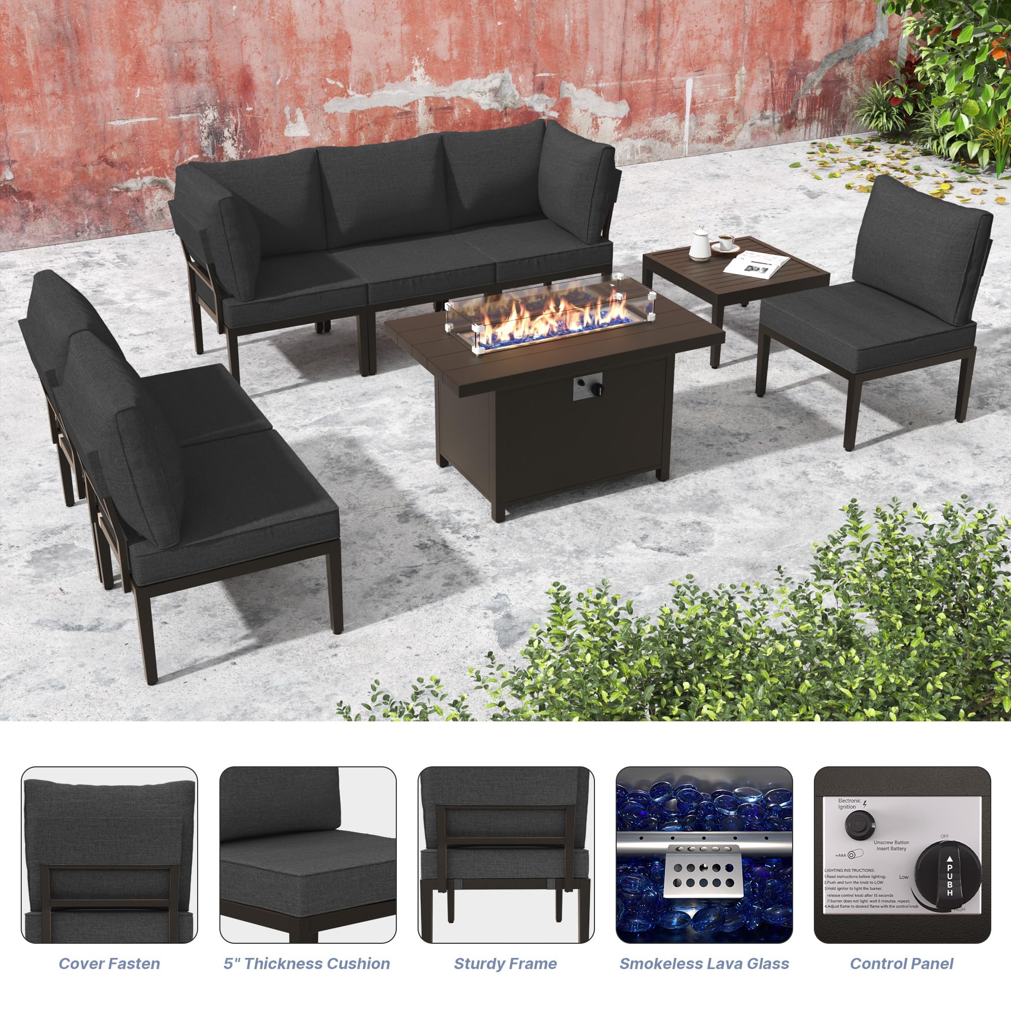 Gotland 6-Seater Patio Furniture Set with 43in Gas Fire Pit Table - Modern Outdoor Metal Sectional Sofa with 55,000 BTU Propane Fire Pit, Black Cushions