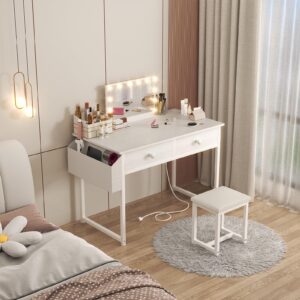 KAI-ROAD White Makeup Vanity Desk with Chair no Mirror, Small Vanity Table with Fabric Drawers, Power Outlet & Stool Without Mirror, Modern Make Up Desk Set for Bedroom