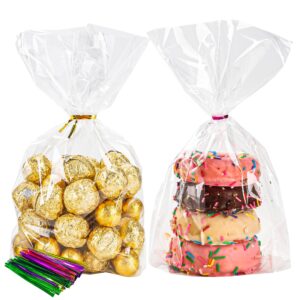 nplux 100 pack cellophane bags,clear flat bottom cellophane treat bags with 100 pack twist ties for candy popcorn cookie small gift wrapping（6×9×2.4 inches