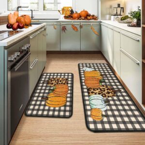 OUXIOAZ Buffalo Plaid Fall Pumpkin Decorative Kitchen Rugs Set of 2, Non Slip Absorbent Autumn Thanksgiving Pumpkin Kitchen Rugs and Mats Sets 17"x47"+17"x30"